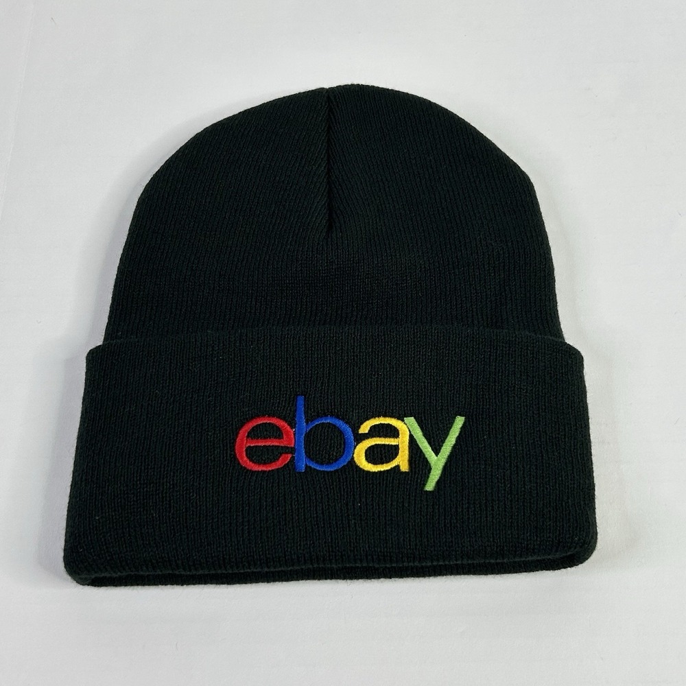Ebay Beanie Knit Hat Black + Multicolored Embroidered Logo Adult Unisex OSFM